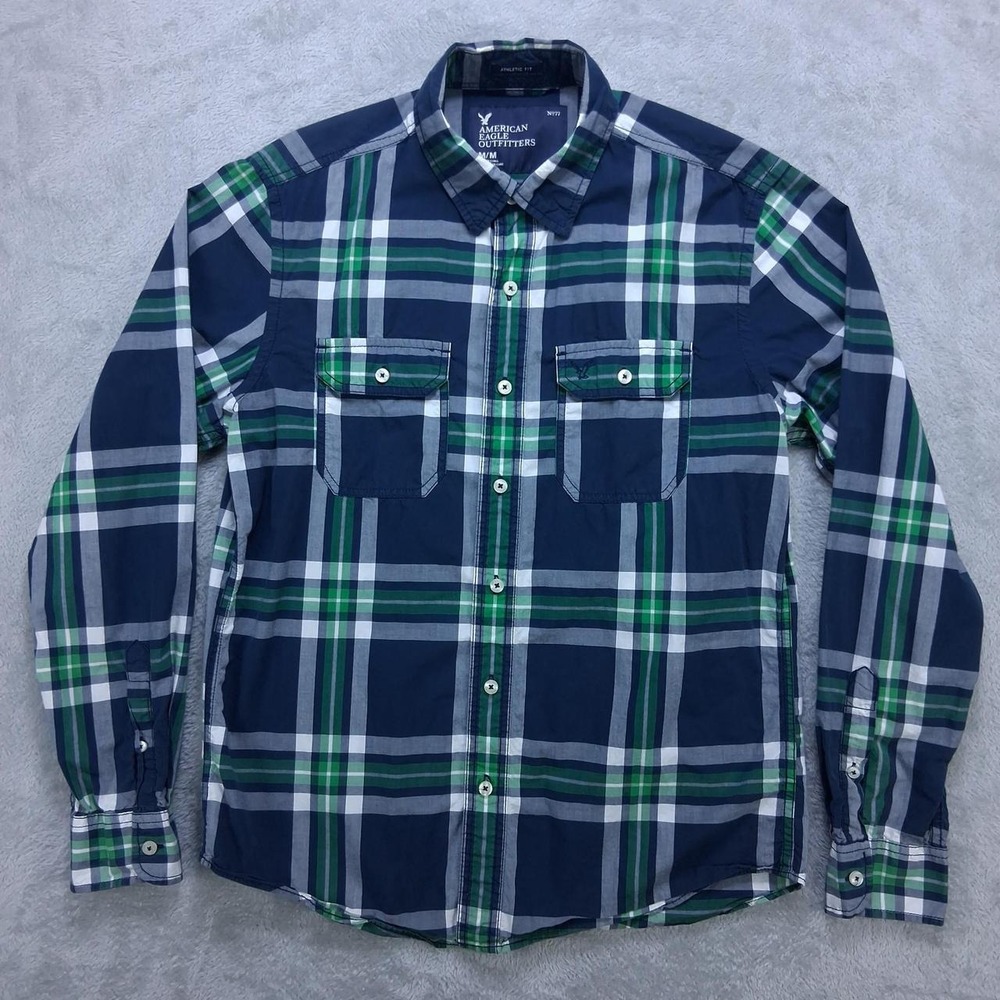 American Eagle Mens Athletic Fit Plaid Long Sleeve Button Up Shirt Navy Green M